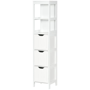 Narrow Bathroom Cabinet with 3 Drawers and 2 Tier Shelf, Tall Cupboard Freestanding Linen Tower, White
