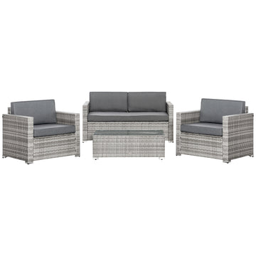 4 Pieces Patio Wicker Sofa Set, Outdoor PE Rattan Extra Wide Seat Conversation Furniture w/ Tempered Glass Table-top & Thick Padded Cushion for Garden, Backyard, Lawn, Mixed Grey
