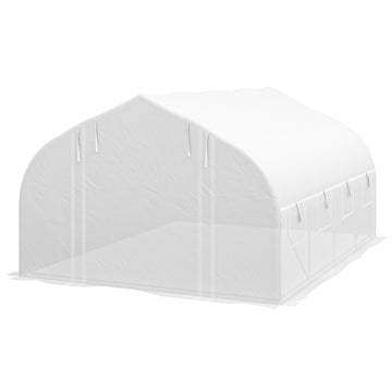 13 x 9.8ft Walk-in Polytunnel Greenhouse, Zipped Roll Up Sidewalls, Mesh Door, 8 Mesh Windows, Plant Labels and Gloves, Wind Resistance, White