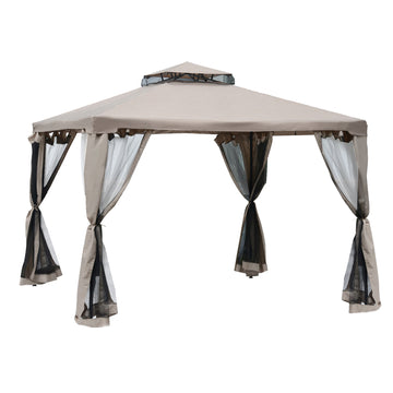 10' x 10' Patio Gazebo Outdoor Pavilion 2 Tire Roof Canopy Shelter Garden Event Party Tent Steel Frame, Brown