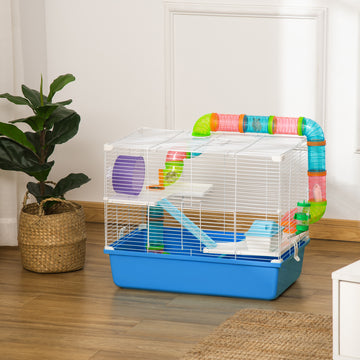 3-Tier Large Toy-Filled Steel Small Animal Cage, Includes Exercise Wheel, Water Bottle, Food Dish, Blue