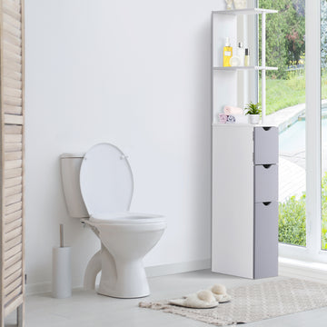 Tall Bathroom Storage Cabinet, Narrow Bathroom Cabinet with Drawers and Open Shelves for Small Spaces, White and Grey
