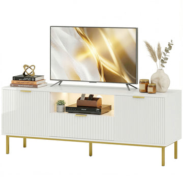 Modern TV Console for TVs up to 60 Inch, Entertainment Center with Smart RGB LED Lights and Soft Close Doors, White