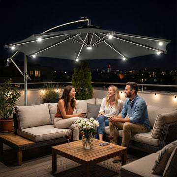 8.8FT Cantilever Patio Umbrella with Solar Powered LED Lights, Crank Handle, Cross Base for Outdoor Sun Shade, Grey