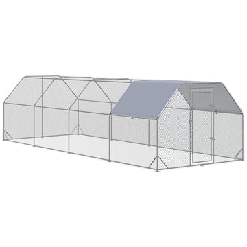 Chicken Run, Galvanized Large Metal Chicken Coop Cage, Walk-in Enclosure Poultry Hen Run House Playpen Rabbit Hutch with Flat Roof, Cover, 9.2' x 24.9' x 6.5', Silver