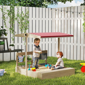 Kids Sandbox with Cover Kitchen Playset Toys, Wooden Sand Box with Seat, Storage, for 3-7 Years Old, Natural Wood
