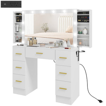 Makeup Vanity Desk with Mirror and Lights, Dressing Table with 7 Drawers, 6 Hidden Sliding Storage Compartments, White