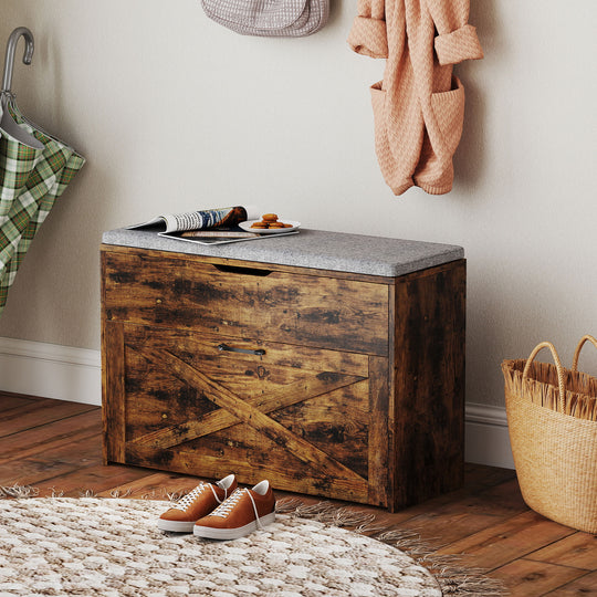 Shoe Storage Bench with Flip Drawer and Lift Top Storage, Entryway Bench with Seat Cushion for Hallway, Rustic Brown