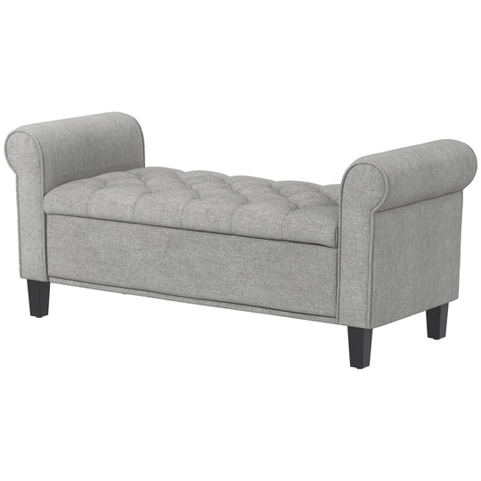 50 Inches Storage Ottoman, Upholstered Bedroom Bench with Rolled Arms and Button Tufted Storage, Light Grey