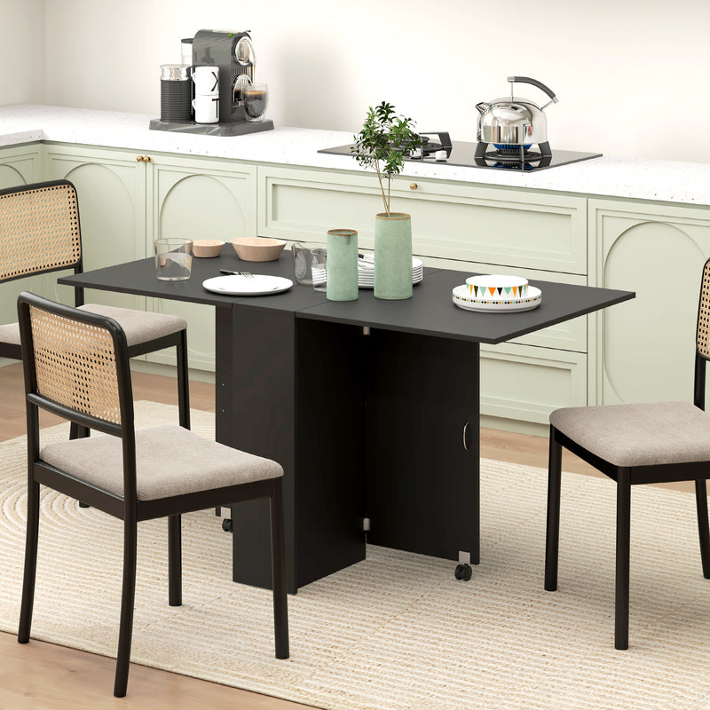 Extendable Dining Table, Collapsible Folding Table w/ 2-tier Shelves and Rolling Casters, Black