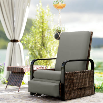 Wicker Outdoor Recliner Chair, Reclining Lounge Chair with Adjustable Backrest, Footrest and Side Tray, Light Grey