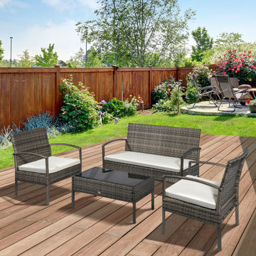 4 Pieces Patio Furniture Sets with A Loveseat, Two Armchairs and A Coffee Table, Outdoor Conversation Set with Glass Top Table, Grey PE Rattan and Cream White Cushions