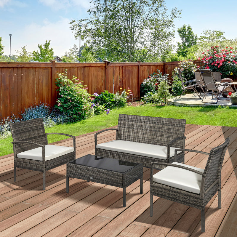 4 Pieces Patio Furniture Sets with A Loveseat, Two Armchairs and A Coffee Table, Outdoor Conversation Set with Glass Top Table, Grey PE Rattan and Cream White Cushions