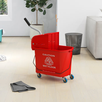 Compact Mop Bucket with Wringer, Mop Bucket on Wheels for Floor Cleaning, 5 Gallon, Separate Dirty and Clean Water, Red