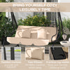 3-Seat Outdoor Patio Swing Chair, 2-in-1 Convertible Flat Bed, Canopy Swing with Adjustable Shade, Removable Cushions, Cup Holder, Light Brown