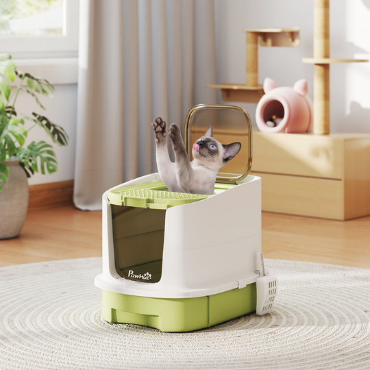 Enclosed Cat Litter Box with Lid, Scoop, Top Entry, Deodorization Bags, Drawer Type Cat Litter Tray, Easy to Clean, Green