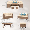 6 Pieces Patio Furniture Set, Outdoor Wicker Sofa Set, All Weather PE Rattan Conversation Furniture, with Strip Wood Grain Plastic Coffee Table & Cushions, Khaki