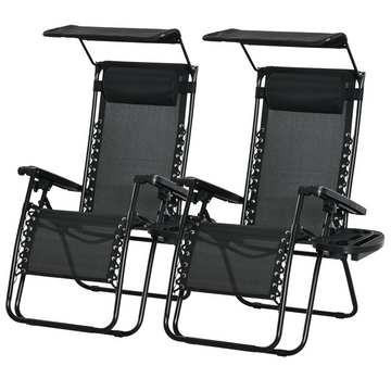 2 Piece Foldable Lounge Chair with Canopy Shade, Outdoor Zero Gravity Chair w/ Side Tray & Cup Holder, Reclining Lounger w/ Breathable Mesh Fabric Seat, Pillow, Black