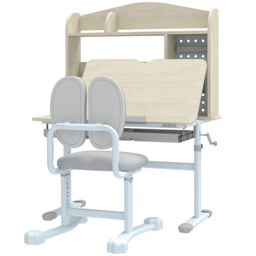 Qaba Kids Desk and Chair Set with Tilt Desktop, Adjustable Height, Drawer and Shelves for Boys Girls Ages 3-12, Grey