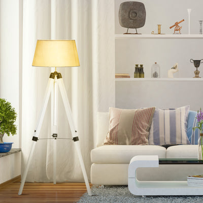Tripod Floor Lamp, Adjustable Height Wooden Standing Lamp with E26 Lamp Base for Living Room, Bedroom, White and Grey