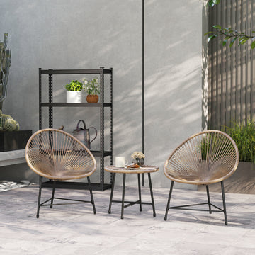 Outdoor Bistro Set, 3 Piece Wicker Patio Furniture Set with Acapulco Chairs and Glass-Top Table, Natural Wood