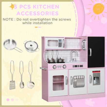 Play Kitchen for Kids, Kids Kitchen Playset w/ Chalkboard, Ice Maker, Play Phone, Sink, Microwave, Pink