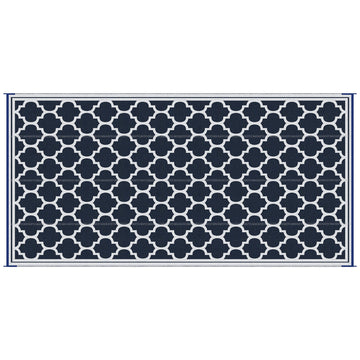 Reversible Outdoor RV Rug, 9' x 18' Patio Floor Mat, Plastic Straw Rug, Dark Blue and White