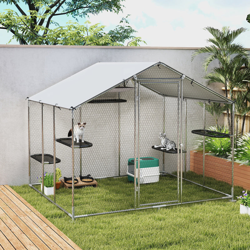 Large Catio Outdoor Cat Enclosure with Waterproof Cover, Walk-in Cat Patio w/ 5 Adjustable Platforms & Hammock 94.5