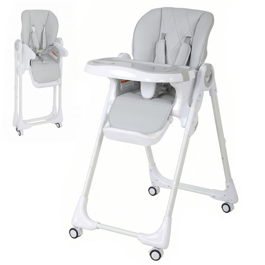 High Chair with Wheels, Double Tray, Foldable Baby Seat with Adjustable Seat Height, Backrest, Footrest and Tray, Grey