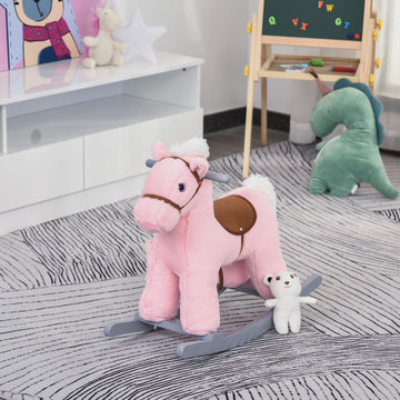Qaba Kids Rocking Horse Plush Animal on Wooden Rockers with Sounds, Wooden Base and Bear Toy, Baby Rocking Chair, Pink