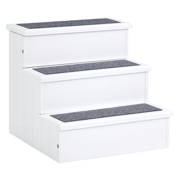 Pet Steps 3-Step Dog Stairs for Small Dogs Cats and Wooden Ramp with Storage Box Carpet Tread, White