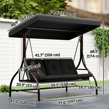 Convertible Patio Swing Bed with Canopy and Cushions, 3 Seater Porch Swing for Outdoor, Backyard, Garden, Dark Grey
