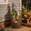 4-Tier Outdoor Fountain with Planter, Cascading Waterfall Feature with LED Lights, Rustic Brown and Grey