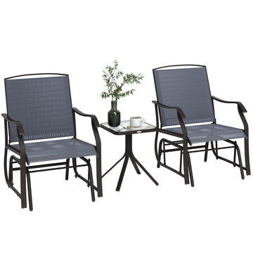 3 Piece Patio Glider Set Outdoor Gliders with Breathable Mesh Seat, Glass Top Table for Garden, Yard, Grey