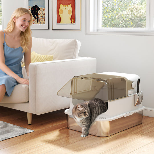 Stainless Steel Cat Litter Box, Easy-Clean Enclosure with Scoop & Flip Lid, 27.6