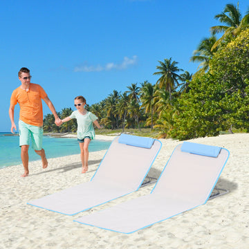 2 Pieces Beach Lounge Chair, Outdoor Folding Chaise Lounge Set w/ Pillow for Sunbath, Snap, Beige