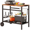 Outdoor Grill Cart, 2-Tier Pizza Oven Stand, BBQ Stand with Beverage Holder, Hooks, Wheels, Black and Brown