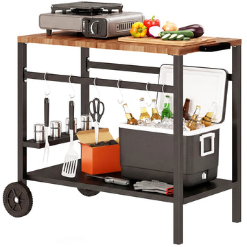 Outdoor Grill Cart, 2-Tier Pizza Oven Stand, BBQ Stand with Beverage Holder, Hooks, Wheels, Black and Brown
