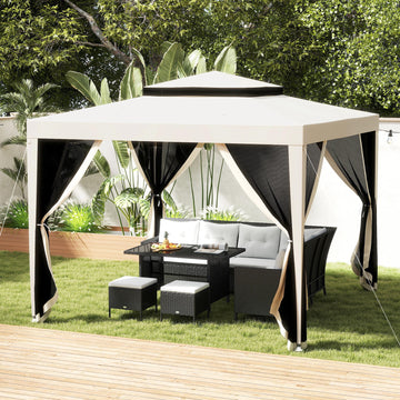 10' x 10' Outdoor Canopy Tent Party Tent with Mesh Netting and Double Tier Roof for Backyard, Garden, Patio, Beige