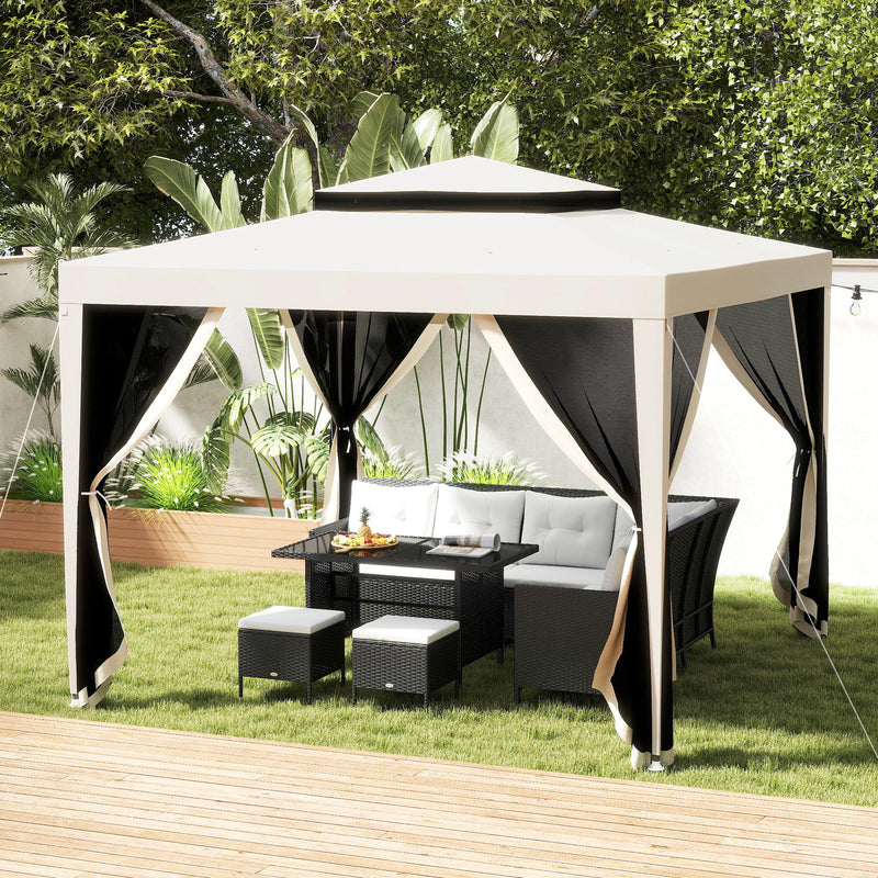10' x 10' Outdoor Canopy Tent Party Tent with Mesh Netting and Double Tier Roof for Backyard, Garden, Patio, Beige