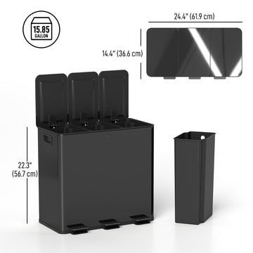 Triple Garbage Bin, Soft-Close Trash Can with Foot Pedal, 3 x 20 Liter Garbage Can with Removable Inner Buckets, Silver