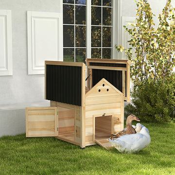 Duck Coop, Wooden Duck House with Openable Roof & Double Doors, Natural Wood