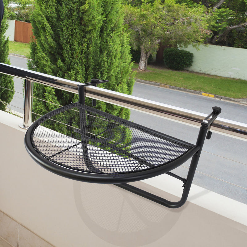 Adjustable Balcony Hanging Rail Table Metal Mounting Mini Wall Desk Storage Rack Outdoor Flower Stand, Black
