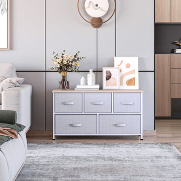 Tour de rangement avec commode à tiroirs en lin, cadre métallique, pieds réglables et 5 tiroirs amovibles pour salon, cuisine, salle de bain, gris foncé