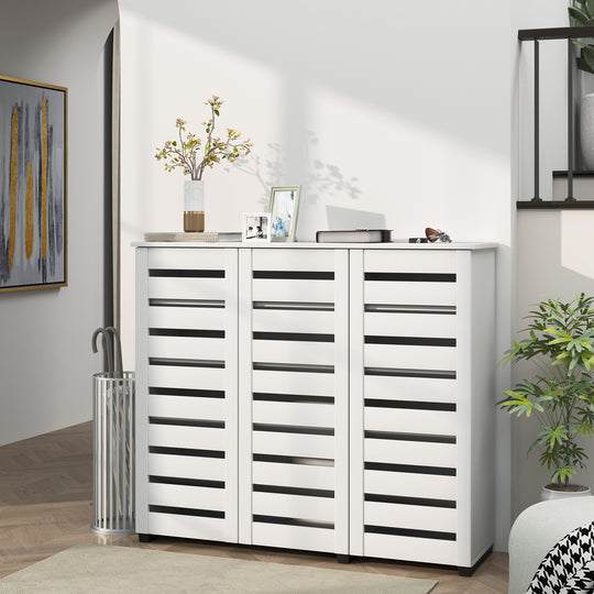 Narrow Shoe Cabinet with Slatted Doors, Adjustable Shelves for 20 Pairs of Shoes, Shoe Cabinet for Entryway, White