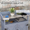 Outdoor Wooden Potting Bench with Storage Cabinet, Aluminum Tabletop, Rubber Wheels for Backyard, Patio, Balcony, Grey