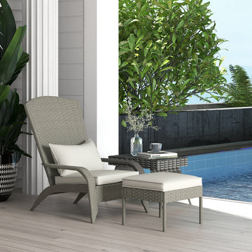 Wicker Adirondack Chair with Ottoman, Patio Cushioned Muskoka Chair, Outdoor Fire Pit Chair with High-back and Armrests, for Deck, Garden, Backyard, Grey/Cream White
