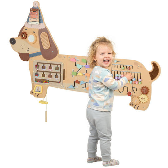 Wooden Wall Busy Board, Montessori Sensory Wall Panel Dachshund-Shaped for Playroom, Educational Toys for Toddler