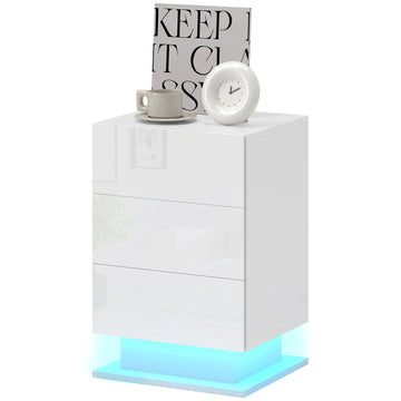 Modern LED Nightstand Bedside Table with Adjustable Colour Lighting & 3 Drawers, APP Control, Glossy White