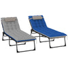 Outdoor Lounge Chair Set of 2, Folding Chaise Lounge Tanning Chair with Cushion, Side Pocket, Brown/Blue